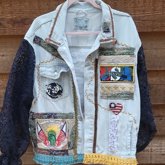 Shabby but C Jackets & Blazers - Embroidered Denim Jacket with Navy Lace Sleeves